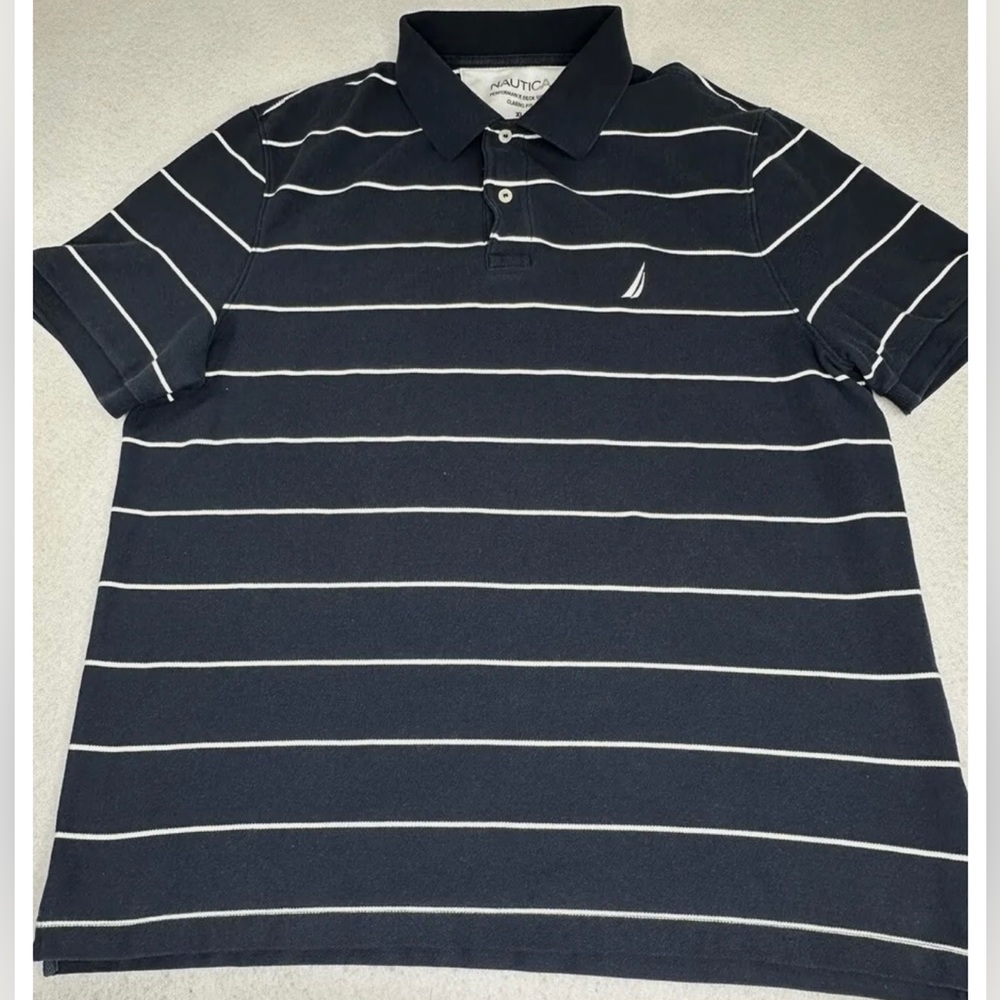 Nautica Performance Deck Shirt Men's Polo Shirt Dark Blue Striped. Size L